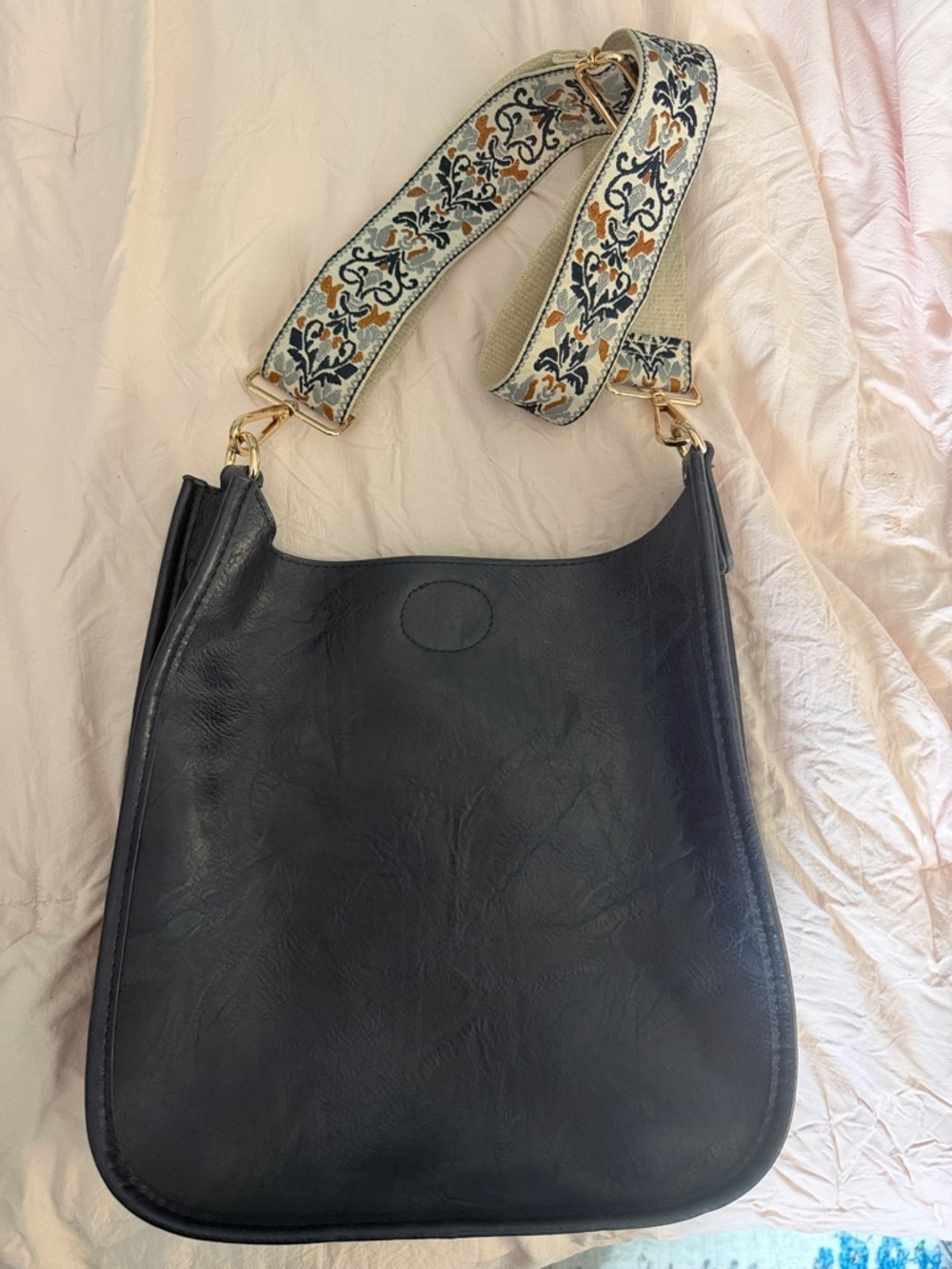Ah Dorned Navy Shoulder Bag with Decorative Embroidered Strap